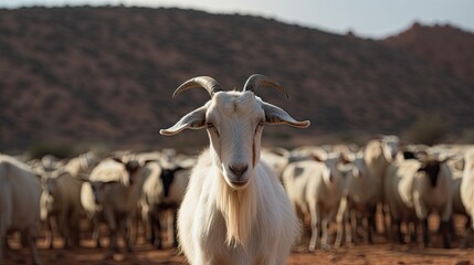 Fototapeta premium A white goat looking into the cameera, it's herd in the background. generative ai