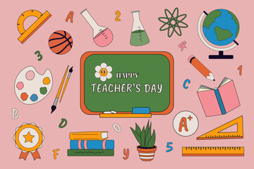 Vector set for Teacher's Day. School supplies in 70's style. Blackboard, ruler, basketball, books, pencil, test tubes. Cartoon comic style. Teacher Celebration.