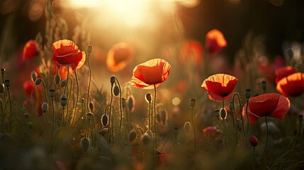 Dreamy bokeh of Red Poppies( lat. papaver rhoeas) against the setting sun. generative ai