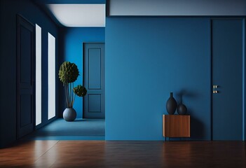 Contemporary blue interior with empty wall. Generative AI