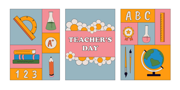Mosaic fashion posters for the Teacher's Day holiday. Vector postcards for Teacher's Day. School supplies in retro style. Ruler, pencil, test tube, numbers, letters, books in cartoon style. 