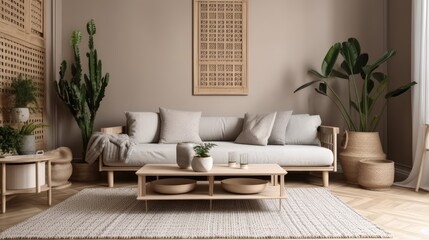 Modern interior of open space with design modular sofa, furniture, wooden coffee tables, plaid, pillows, tropical plants and elegant personal accessories in stylish home decor. generative ai