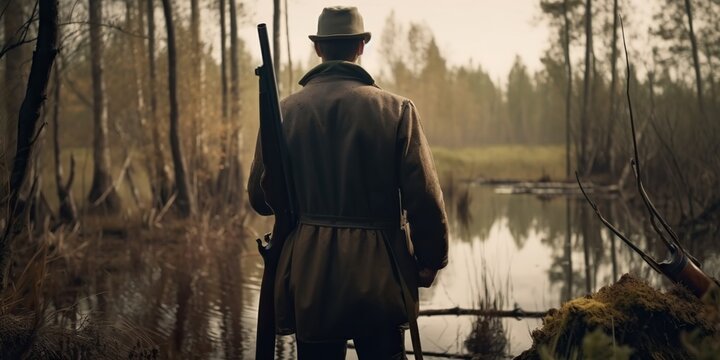 hunter standing in swamp in forest and holding in his hand an old hunting rifle, concept of Wilderness exploration and Traditional hunting, created with Generative AI technology