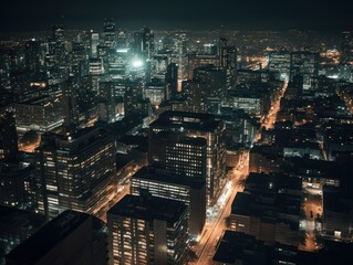 A city skyline at night from a high vantage point