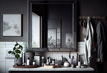 Bathroom with mirror and accessories.Beautiful, minimalistic print for your decor for postcard, congratulations and poster. AI. Generative AI