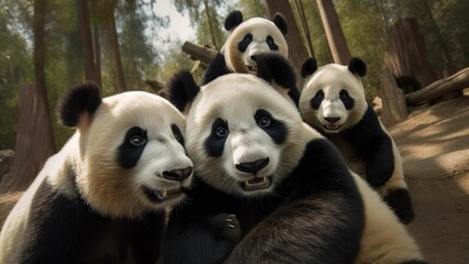 Fototapeta premium Cuddly Companions: Smiling Pandas Strike a Pose for a Selfie,generative ai