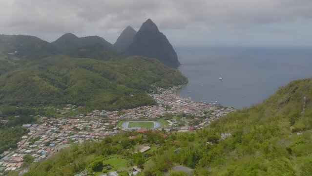 Aerial of Soufriere St. Lucia and Pitons in background