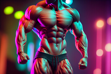 Muscular man torso bodybuilder is posing in the colorful neon light with naked muscular torso showing chest, abdominal muscles in neon studio light. - obrazy, fototapety, plakaty