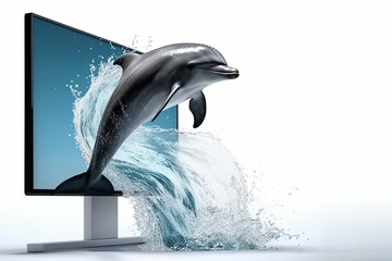 A dolphin jumps right out of the screen of a modern monitor, on an isolated white background. Generative AI