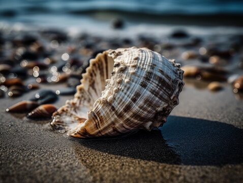 A broken seashell on a sandy beach