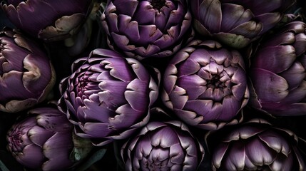 Fototapeta premium Purple artichocke on black, flat lay or top view, AI generative