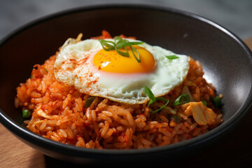 A plate of kimchi fried rice with egg generative AI