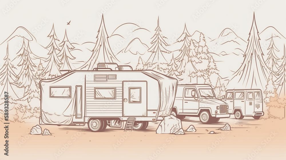 Poster Background camping truck Wallpaper one-line drawing Generative AI