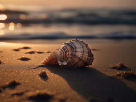 A broken seashell on a sandy beach