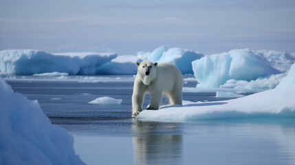 Fototapeta na wymiar A polar bear walking on an iceberg in the middle Generative AI