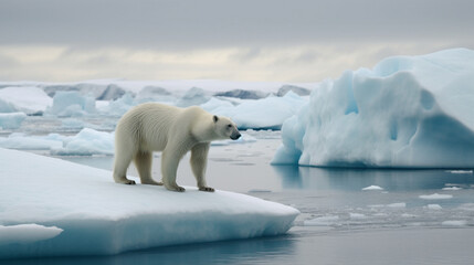 Naklejka na ściany i meble A polar bear walking on an iceberg in the middle Generative AI