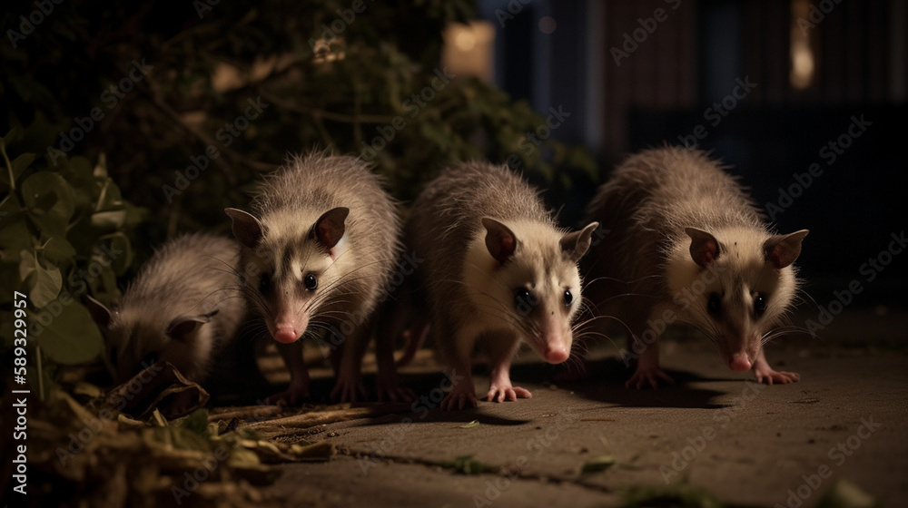 Canvas Prints a family of opossums scavenging for food in a reside generative ai