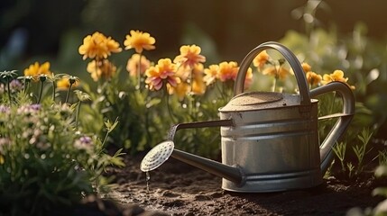 Flower seedlings growing in the soil in the newly blooming garden in spring, gardener metal watering can the arrival of spring and revived life