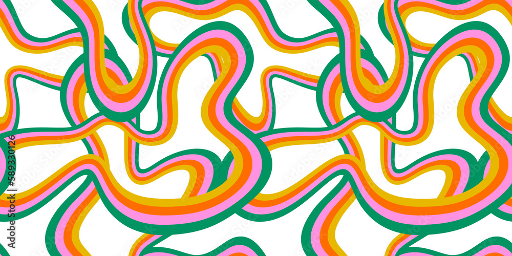 Poster retro 60s style rainbow seamless pattern with pastel color stripes. pink wave cartoon background.