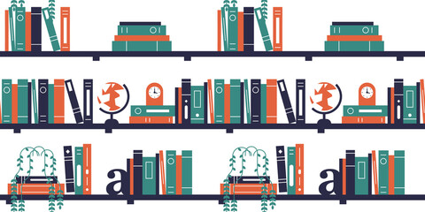 Book shelf seamless pattern illustration of modern books and home interior decoration in minimalist flat cartoon style. Study textbook or leisure literature collection background.	