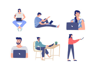 Diverse happy people using laptop computer set on isolated white background. Different lifestyle uses of technology. Includes student, freelance worker.	