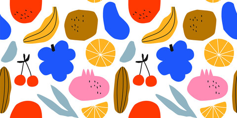 Funny tropical fruit drawing seamless pattern cartoon in colorful childish doodle style.	