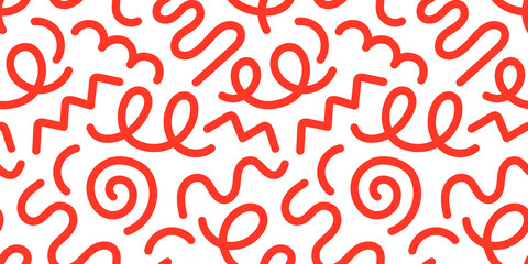 Fun red line doodle seamless pattern. Creative minimalist style art background for children or trendy design with basic shapes. Simple childish scribble backdrop.