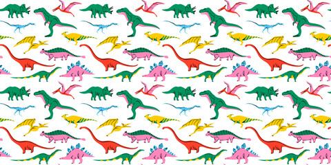 Retro dinosaur doodle seamless pattern illustration. Colorful 90s style dinosaurs background for educational concept or children toy print. T-rex, triceratops, pterodactyl and more animals. © Dedraw Studio