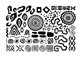Obraz premium Abstract black and white african art shapes collection, tribal doodle decoration set. Random ethnic shapes, animal print texture and traditional hand drawn icons. 