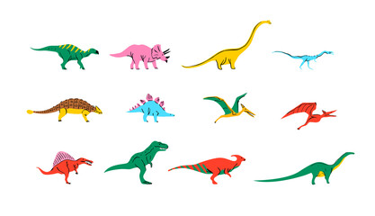 Big set of colorful dinosaur doodle illustration on isolated background. Trendy 90s style dinosaurs collection for educational concept or children design. Includes T-rex, triceratops, pterodactyl.  © Dedraw Studio