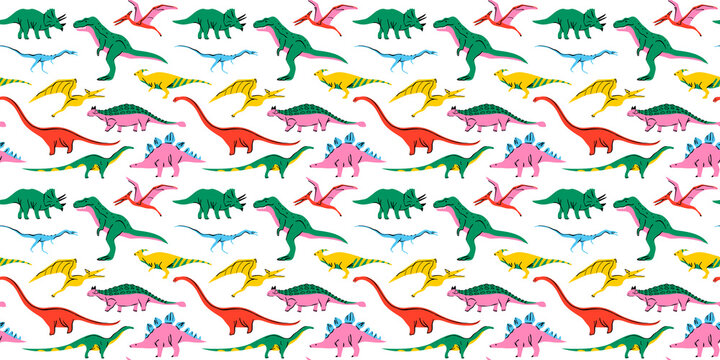 Retro dinosaur doodle seamless pattern illustration. Colorful 90s style dinosaurs background for educational concept or children toy print. T-rex, triceratops, pterodactyl and more animals.