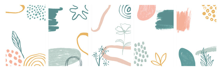 Fototapeta na wymiar Abstract nature shape template collection with tropical plant leaf and watercolor paint doodles in soft earth colors. Minimalist hand drawn background set, social media post banner.