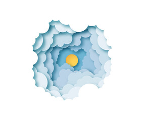 Realistic 3d papercut blue sky view on isolated white background. Modern paper craft art scene of sun in day clouds. Children nursery or travel concept.