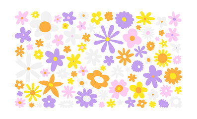 Trendy floral print illustration. Set of vintage 70s style flowers on isolated background. Colorful pastel color groovy artwork collection, y2k nature poster with spring plants.	