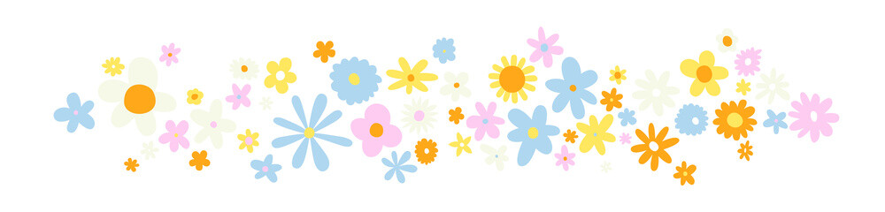 Trendy floral print banner illustration. vintage 70s style flowers on isolated background. Colorful pastel color groovy artwork, garden nature with spring plants.