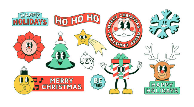 Naklejki Set of funny vintage christmas cartoon character label on isolated background. Retro sticker patch illustration collection for xmas party celebration. Festive holiday season graphic bundle.