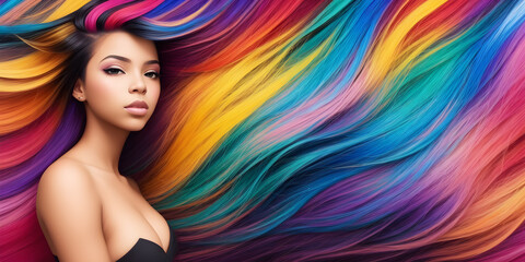 Beautiful girl with colorful hair. Portrait of a young woman with rainbow dyed hairstyle. Female profile on background of colored fluttering curls. Professional haircut and coloring. Generative AI - obrazy, fototapety, plakaty