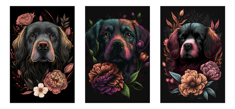 Dog Face in Deep Colored Peonies Flower Illustration for Wall Frames: Aesthetic Decor and Abstract, Generative AI