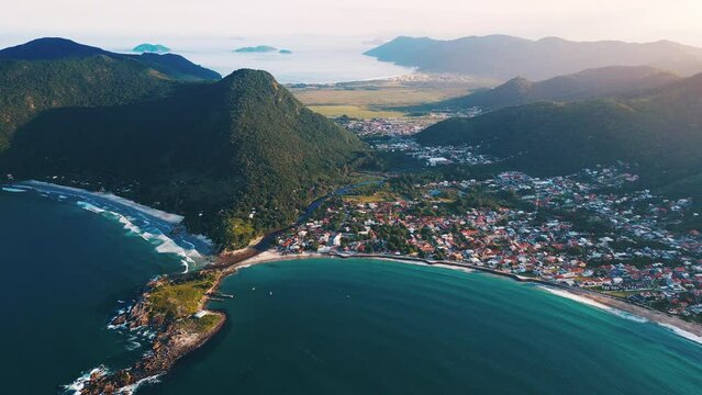 Aerial view of the town of Armacao and its beaches. Florianopolis, Santa Catarina
