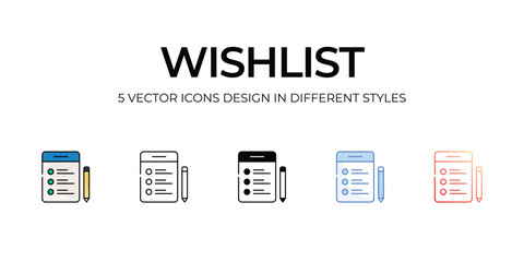 Wishlist Icon Design in Five style with Editable Stroke. Line, Solid, Flat Line, Duo Tone Color, and Color Gradient Line. Suitable for Web Page, Mobile App, UI, UX and GUI design.