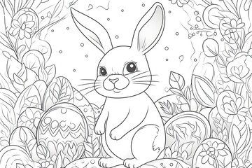 Coloring book page for kids. Happy cute baby Rabbit with an Easter background. Generative AI.