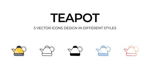Teapot Icon Design in Five style with Editable Stroke. Line, Solid, Flat Line, Duo Tone Color, and Color Gradient Line. Suitable for Web Page, Mobile App, UI, UX and GUI design.