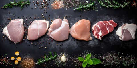 Fresh raw chicken, pork and beef meat over dark background. Generative AI