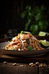 Traditional Pad Thai dish over dark background. Gourmet food photography. Generative AI Vertical shot