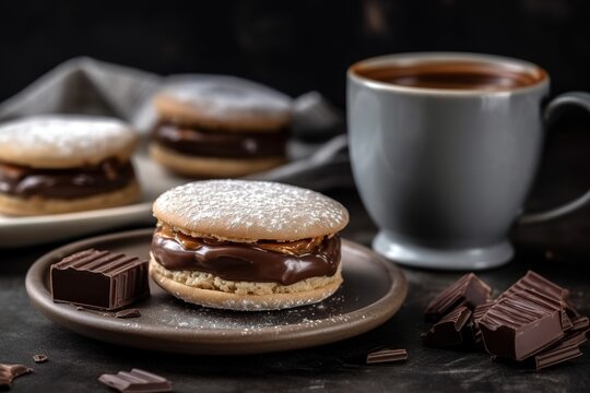 Close up shot of traditional south American alfajor served with hot coffee. Generative AI