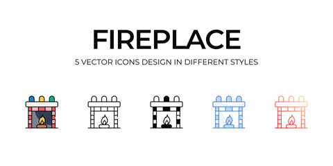 Fireplace Icon Design in Five style with Editable Stroke. Line, Solid, Flat Line, Duo Tone Color, and Color Gradient Line. Suitable for Web Page, Mobile App, UI, UX and GUI design.