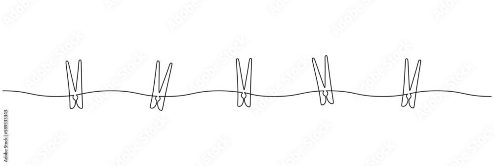 Aufkleber Wooden clothespin in one continuous line drawing. Clothesline with pin and peg for photo album and laundry web design concept in simple linear style. Editable stroke. Doodle vector