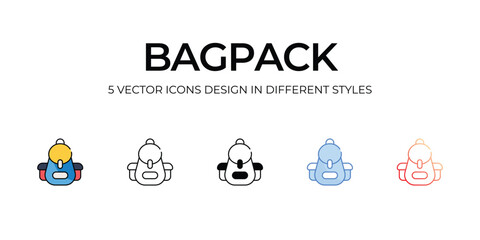 Bagpack Icon Design in Five style with Editable Stroke. Line, Solid, Flat Line, Duo Tone Color, and Color Gradient Line. Suitable for Web Page, Mobile App, UI, UX and GUI design.