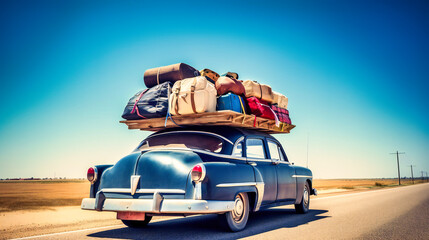 Car with luggage on the roof, cool-toned colors, and depth-of-field, prepared for summer vacations