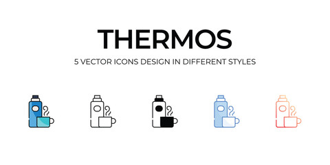 Thermos Icon Design in Five style with Editable Stroke. Line, Solid, Flat Line, Duo Tone Color, and Color Gradient Line. Suitable for Web Page, Mobile App, UI, UX and GUI design.